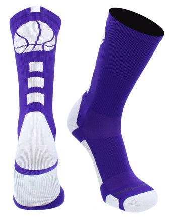 MadSportsStuff socks Purple/White Basketball Socks with Basketball Logo Athletic Crew Socks - made in the USA - Large