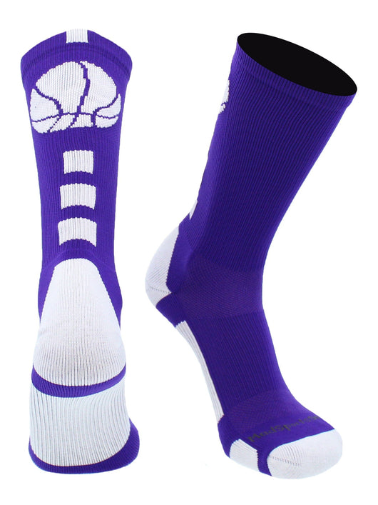 MadSportsStuff socks Purple/White / Large Basketball Socks with Basketball Logo Athletic Crew Socks - made in the USA