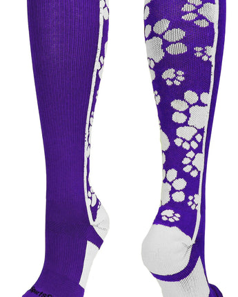 MadSportsStuff socks Purple/White / Large Crazy Socks with Paws Over the Calf (multiple colors)