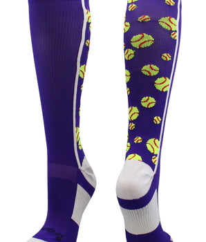 MadSportsStuff socks Purple/White / Large Crazy Softball Socks with Softballs over the calf (multiple colors)
