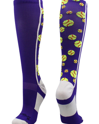 MadSportsStuff socks Purple/White / Large Crazy Softball Socks with Softballs over the calf (multiple colors)