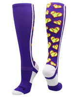 MadSportsStuff socks Purple/White / Large Softball Socks with Love Softball Hearts