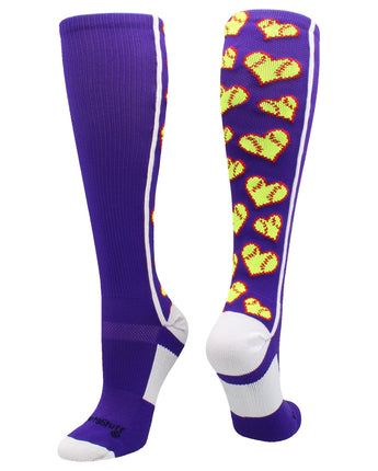 MadSportsStuff socks Purple/White / Large Softball Socks with Love Softball Hearts