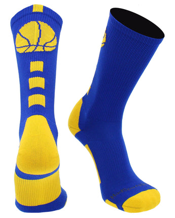 MadSportsStuff socks Royal/Gold Basketball Socks with Basketball Logo Athletic Crew Socks - made in the USA - Large