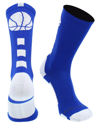 MadSportsStuff socks Royal/White Basketball Socks with Basketball Logo Athletic Crew Socks - made in the USA - Large
