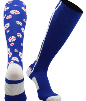MadSportsStuff socks Royal/White / Large Crazy Baseball Socks with Baseballs over the calf