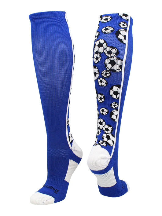 MadSportsStuff socks Royal/White / Small Crazy Soccer Socks with Soccer Balls over the calf (multiple colors)