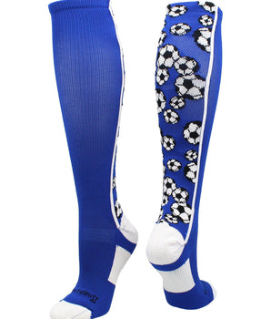 MadSportsStuff socks Royal/White / Small Crazy Soccer Socks with Soccer Balls over the calf (multiple colors)
