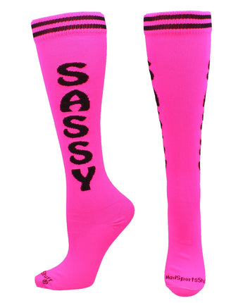 MadSportsStuff socks Sassy - Neon Pink/Black / Large Personality Word Socks Over the Calf Length