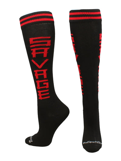 MadSportsStuff socks Savage - Black/Red / Large Personality Word Socks Over the Calf Length