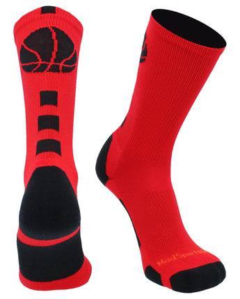 MadSportsStuff socks Scarlet/Black Basketball Socks with Basketball Logo Athletic Crew Socks - made in the USA - Large
