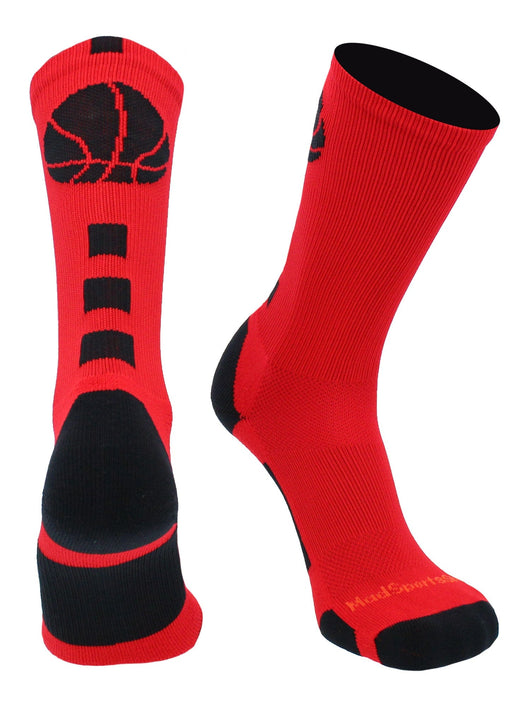 MadSportsStuff socks Scarlet/Black / Large Basketball Socks with Basketball Logo Athletic Crew Socks - made in the USA