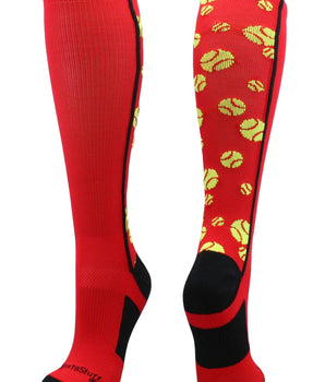 MadSportsStuff socks Scarlet/Black / Large Crazy Softball Socks with Softballs over the calf (multiple colors)