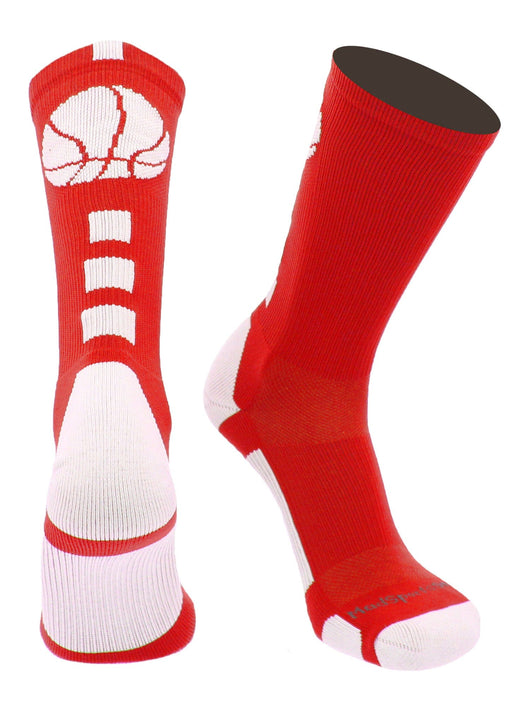 MadSportsStuff socks Scarlet/White / Large Basketball Socks with Basketball Logo Athletic Crew Socks - made in the USA
