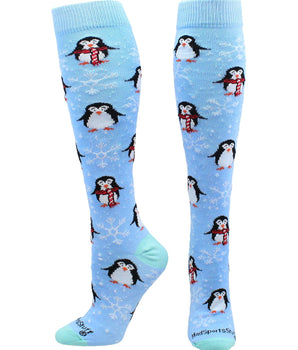 MadSportsStuff socks Sky Blue / Large Snow Penguin Christmas Socks Over the Calf Length