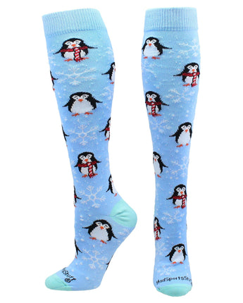 MadSportsStuff socks Sky Blue / Large Snow Penguin Christmas Socks Over the Calf Length
