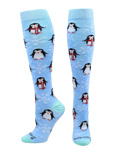 MadSportsStuff socks Sky Blue / Large Snow Penguin Christmas Socks Over the Calf Length