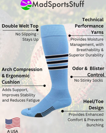 Striped Softball Socks Over the Calf Dugout Pattern D