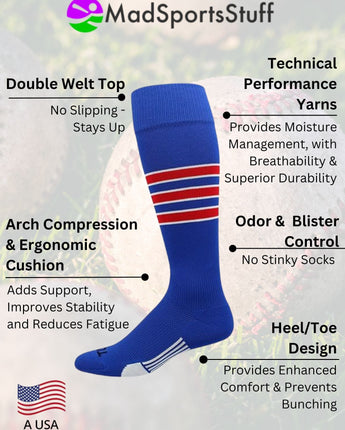 Striped Softball Socks Over the Calf Dugout Pattern D