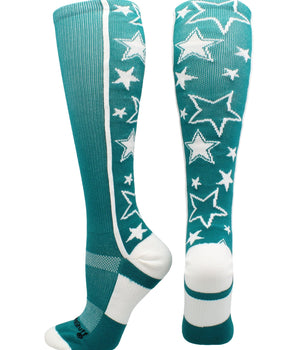 MadSportsStuff socks Teal/White / Large Crazy Socks with Stars Over the Calf Socks (multiple colors)