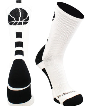 MadSportsStuff socks White/Black Basketball Socks with Basketball Logo Athletic Crew Socks - made in the USA - Large