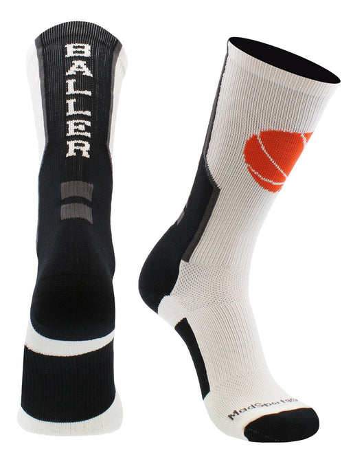 MadSportsStuff socks White/Black / Large Baller Basketball Socks with Basketball Logo Crew Length