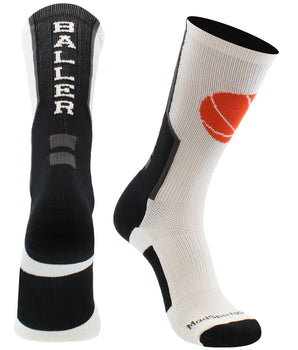 MadSportsStuff socks White/Black / Large Baller Basketball Socks with Basketball Logo Crew Length