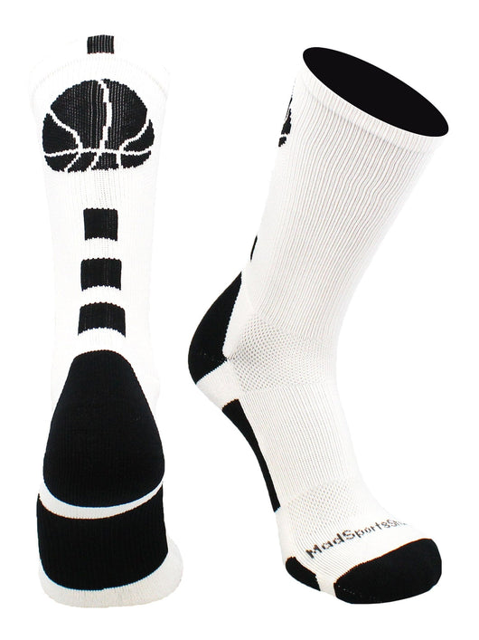 MadSportsStuff socks White/Black / Large Basketball Socks with Basketball Logo Athletic Crew Socks - made in the USA