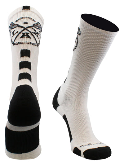 MadSportsStuff socks White/Black / Large LAX Lacrosse Socks with Lacrosse Sticks Athletic Crew Socks (multiple colors)