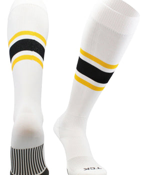 MadSportsStuff socks White/Gold/Black / Medium Striped Baseball Socks Over the Calf Dugout Pattern E