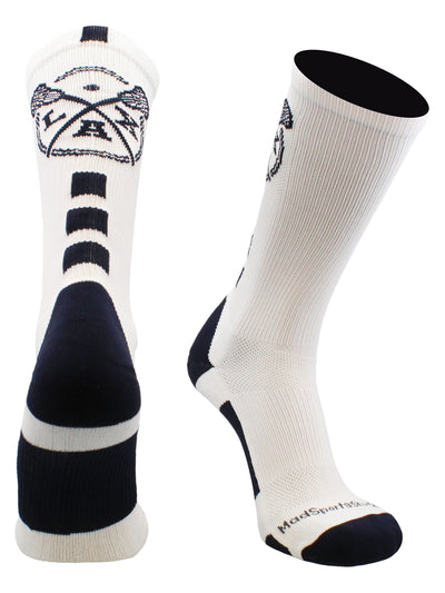 MadSportsStuff socks White/Navy / Large LAX Lacrosse Socks with Lacrosse Sticks Athletic Crew Socks (multiple colors)