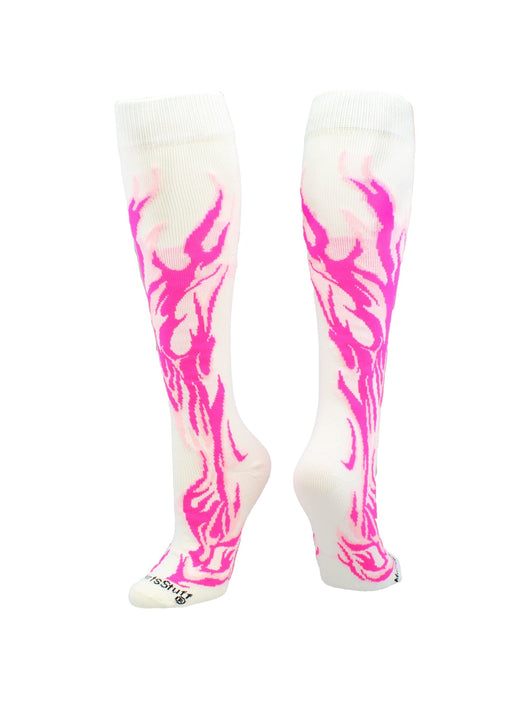 MadSportsStuff socks White/Neon Pink/Pale Pink / Large Flame Socks Athletic Over the Calf Socks (multiple colors)