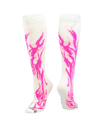 MadSportsStuff socks White/Neon Pink/Pale Pink / Large Flame Socks Athletic Over the Calf Socks (multiple colors)