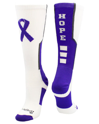 MadSportsStuff socks White/Purple/Graphite / Large Relay for Life Hope Cancer Awareness Athletic Crew Socks