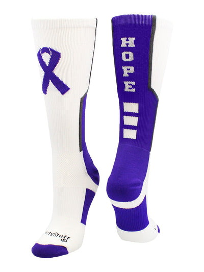 MadSportsStuff socks White/Purple/Graphite / Large Relay for Life Hope Cancer Awareness Athletic Crew Socks
