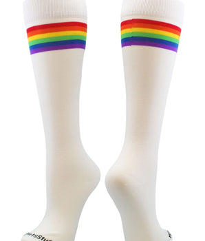 MadSportsStuff socks White/Rainbow / Large Crazy Retro Rainbow Socks with Stripes For Soccer Softball