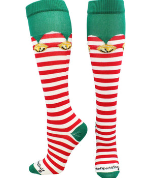 MadSportsStuff socks White/Red/Green / Large Elf Christmas Socks with Bells Over the Calf Length