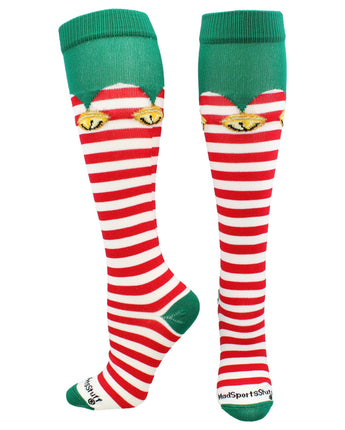 MadSportsStuff socks White/Red/Green / Large Elf Christmas Socks with Bells Over the Calf Length
