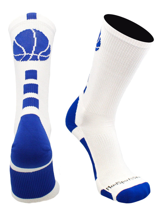 MadSportsStuff socks White/Royal / Large Basketball Socks with Basketball Logo Athletic Crew Socks - made in the USA