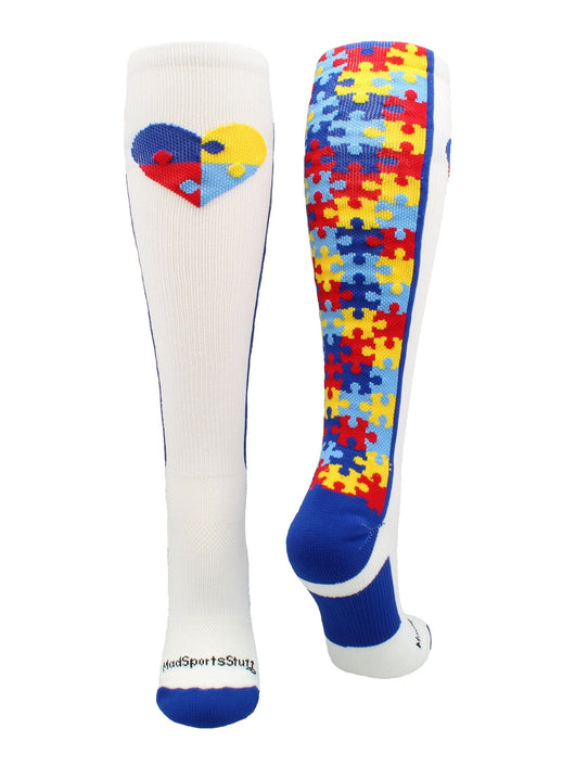MadSportsStuff socks White/Royal / Large Puzzle Heart Autism Awareness Over the Calf Socks
