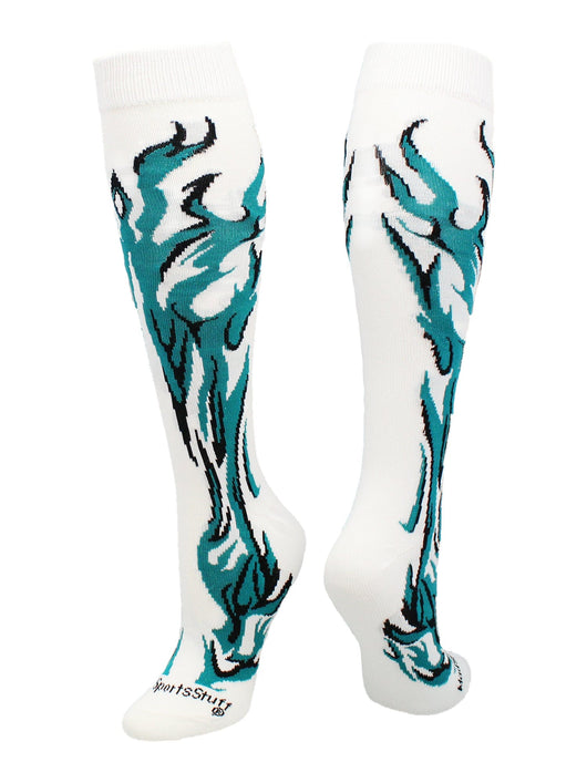 MadSportsStuff socks White/Teal/Black / Large Flame Socks Athletic Over the Calf Socks (multiple colors)