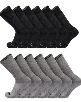 TCK socks 12 Pairs-Black/Grey / Medium Work & Athletic Crew Socks for Men & Women – Cushioned, Seamless Toe, Moisture Wicking Boot Sock, Supportive Arch