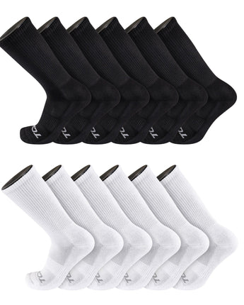TCK socks 12 Pairs-Black/White / Medium Work & Athletic Crew Socks for Men & Women – Cushioned, Seamless Toe, Moisture Wicking Boot Sock, Supportive Arch