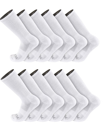 TCK socks 12 Pairs-White / Medium Work & Athletic Crew Socks for Men & Women – Cushioned, Seamless Toe, Moisture Wicking Boot Sock, Supportive Arch