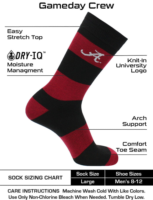 TCK socks Alabama Crimson/Black / Large Alabama Crimson Tide Socks Game Day Striped Crew Socks