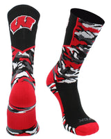 TCK socks Black/Cardinal/White / Large University of Wisconsin Badgers Woodland Camo Crew Socks