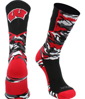 TCK socks Black/Cardinal/White / Large University of Wisconsin Badgers Woodland Camo Crew Socks