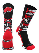 TCK socks Black/Cardinal/White / Large University of Wisconsin Badgers Woodland Camo Crew Socks