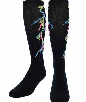 TCK socks Black/Multi-Neon / Large Lightning Bolt Athletic Knee High Socks