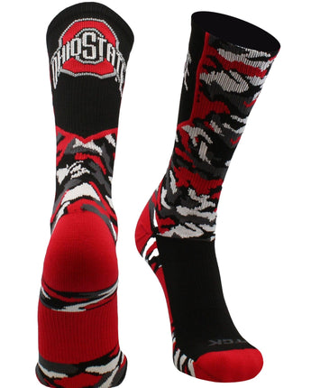 TCK socks Black/Scarlet/Grey / Large University of Ohio State Buckeyes Woodland Camo Crew Length